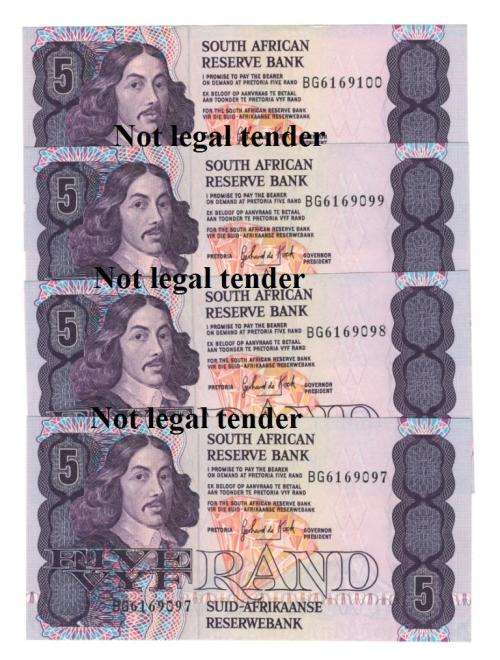 GPC de Kock R5 3rd Issue four UNC notes in sequence