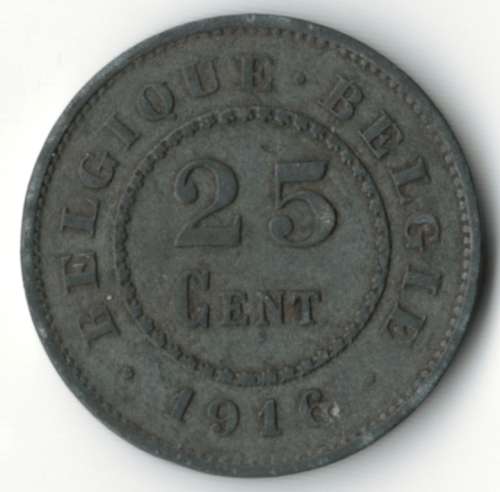 1916 Belgium 25 Cents, zinc