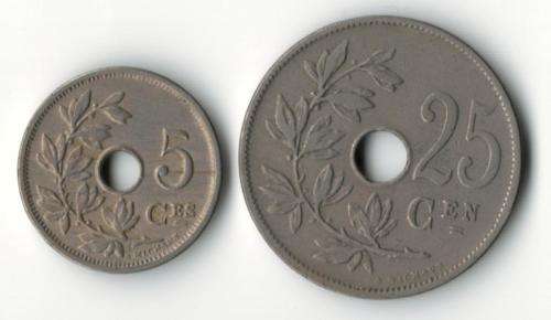 Belgium 5 Cents 1905 & 25 Cents 1908
