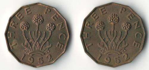 1952 Great Britain 3 Pence (x2) *excellent, toned