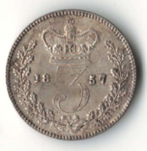 1857 Great Britain silver 3 Pence (Threepence), excellent detail