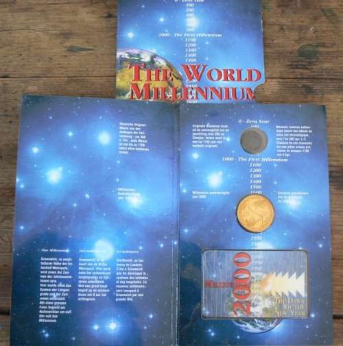 2000 Millennium original booklet with phone card, commemorative medallion and original Roman coin