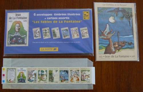 1995 France Fable of Jean de la Fontaine strip of 6, 6 envelopes and 6 postcards - unused, unopened