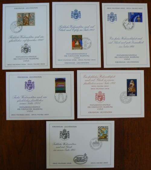 Liechtenstein lot of 6 official Christmas & New Year greeting cards 1979-1984