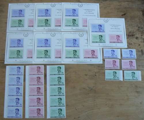 Cyprus 1964 Kennedy 6 MNH stamps + 3 strips of 5 (folded) + 7 minisheets