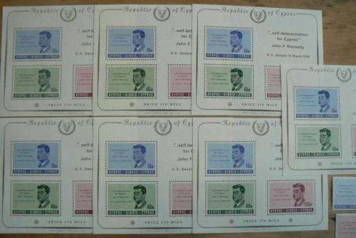 Cyprus 1964 Kennedy 6 MNH stamps + 3 strips of 5 (folded) + 7 minisheets