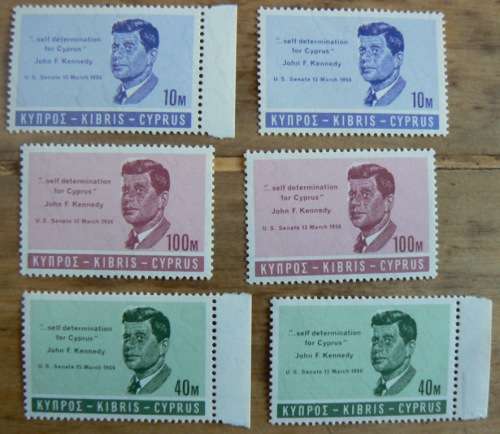 Cyprus 1964 Kennedy 6 MNH stamps + 3 strips of 5 (folded) + 7 minisheets
