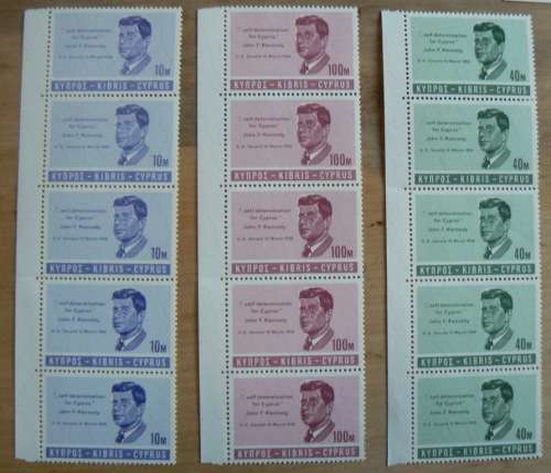 Cyprus 1964 Kennedy 6 MNH stamps + 3 strips of 5 (folded) + 7 minisheets