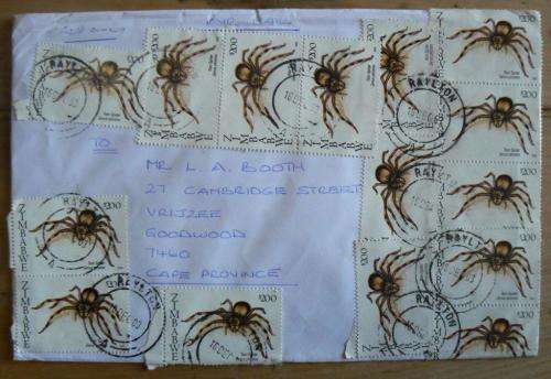 Letter airmail Zimbabwe to South Africa 2003 with 15 $200 spider stamps - some multiples