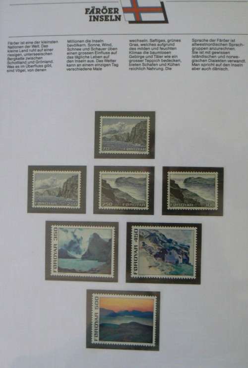 Faroe Islands near-complete set of MNH stamps 1975-1987 in German info folder CV$250+