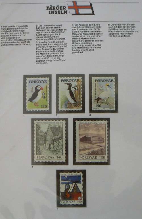 Faroe Islands near-complete set of MNH stamps 1975-1987 in German info folder CV$250+