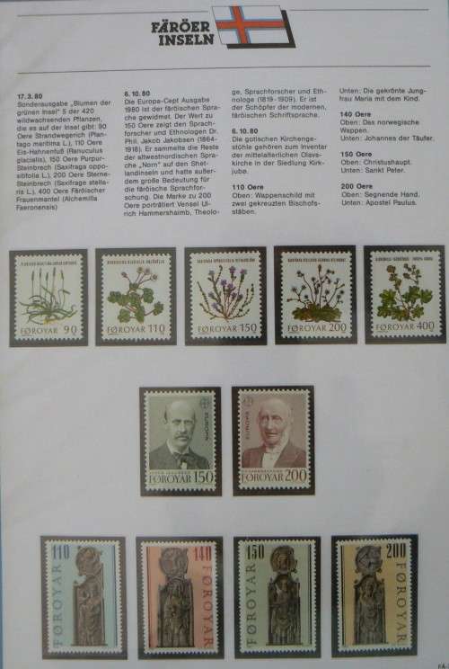Faroe Islands near-complete set of MNH stamps 1975-1987 in German info folder CV$250+