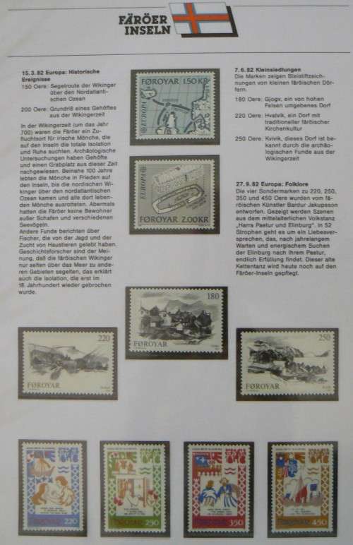 Faroe Islands near-complete set of MNH stamps 1975-1987 in German info folder CV$250+