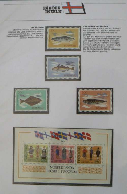 Faroe Islands near-complete set of MNH stamps 1975-1987 in German info folder CV$250+