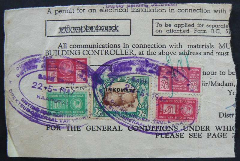 SA Union 5 revenue stamps on piece - 2/6, 2/6 native tax, 5/, 10/ and 1 pound used 1947