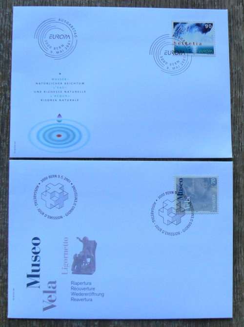 Switzerland 2001 lot of 30 officially cancelled stamps and sheet of 8 + blocks + 13 FDCs, CV$220+