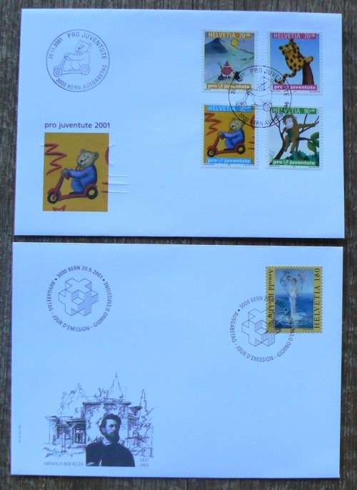 Switzerland 2001 lot of 30 officially cancelled stamps and sheet of 8 + blocks + 13 FDCs, CV$220+