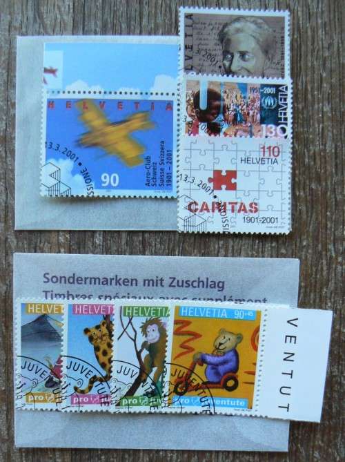 Switzerland 2001 lot of 30 officially cancelled stamps and sheet of 8 + blocks + 13 FDCs, CV$220+