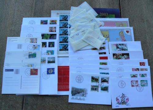 Switzerland 2003 lot of 33 officially cancelled stamps, blocks & sheets, 21FDCs, 5 postcards + extra