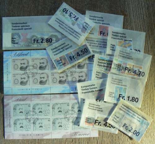Switzerland 1997 lot of 28 officially cancelled stamps + 2 sheets of 8 + 1 block of 4 - CV$150