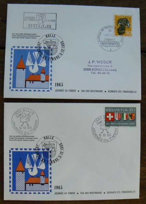 Switzerland 1965 Stamp Day / Journee du Timbre 2 covers Bulle - regular & automobile post