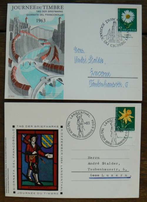Switzerland 1963 & 1964 Stamp Day / Journee du Timbre / Tag der Briefmarke 2 cards