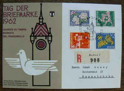 Switzerland 1962 Stamp Day / Tag der Briefmarke registered cover Baden to Emmenbrucke