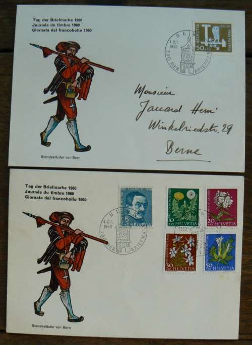 Switzerland 1960 Stamp Day / Tag der Briefmarke 2 covers Pro Juventute & Pro Patria
