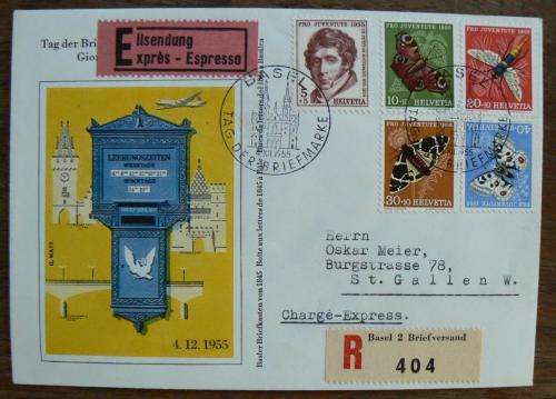 Switzerland 1955 Stamp Day / Tag der Briefmarke registered express cover Basel to St Gallen