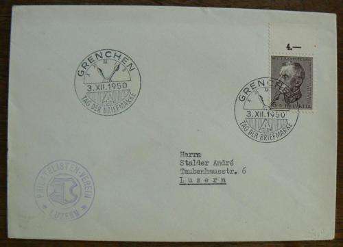 Switzerland 1950 Stamp Day / Tag der Briefmarke cover Grenchen to Luzern - Philatelie Society stamp