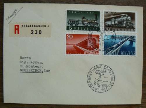 Switzerland 1948 Stamp Day / Tag der Briefmarke registered cover Schaffhausen to Neuenkirch