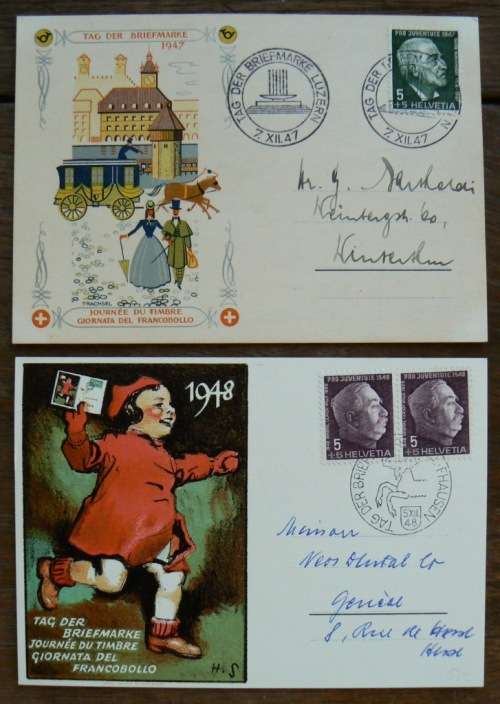 Switzerland 1947 & 1948 Stamp Day / Tag der Briefmarke cards