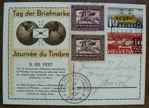 Switzerland 1937 Stamp Day / Tag der Briefmarke card Bern with Austria 1929 Essay stamps (x2)