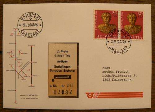 Switzerland 1995 special issue cover Bahnpost with ticket stub & Pro Patria 1972 pair