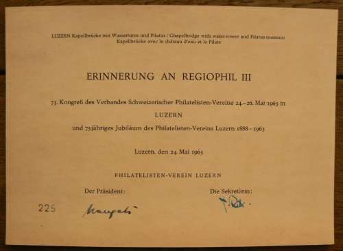 Switzerland 1963 Regiophil III signed & numbered souvenir maxi card *rare