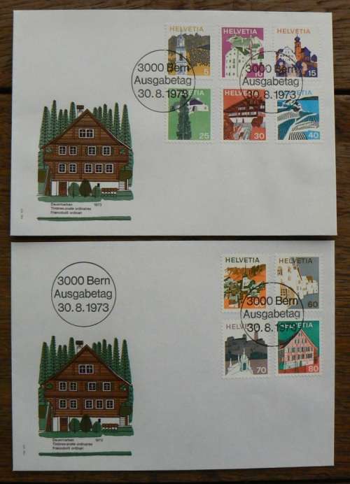 Switzerland 1973 buildings 2 FDCs 30-8-1973, one uncatalogued