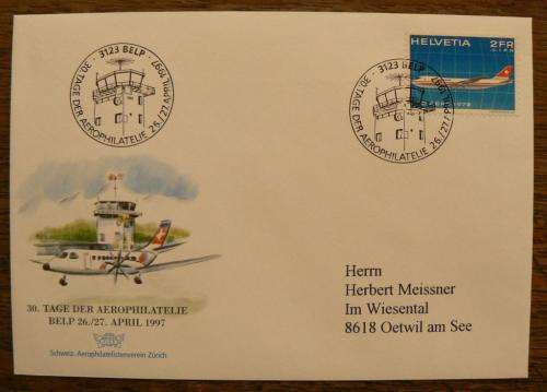 Switzerland 1997 rare cover Day of Aerophilatelie with Pro Aero 1972 stamp & back cancellation