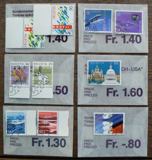 Switzerland 1991 lot of 23 officially cancelled stamps + 1 block of 4 in original envelopes - CV$45+
