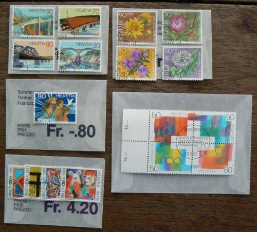 Switzerland 1991 lot of 23 officially cancelled stamps + 1 block of 4 in original envelopes - CV$45+