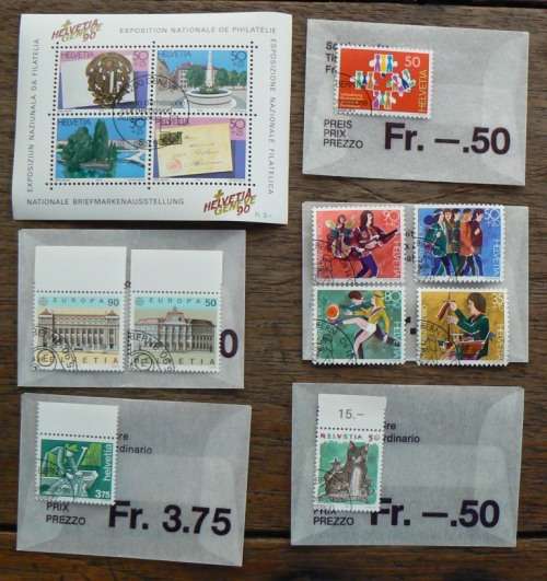 Switzerland 1990 lot of 15 officially cancelled stamps + 1 block of 4 - CV$30