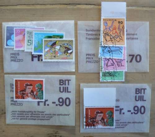 Switzerland 1988 lot of 44 stamps - 22 MNH & 22 officially cancelled, in original envelopes CV$60+