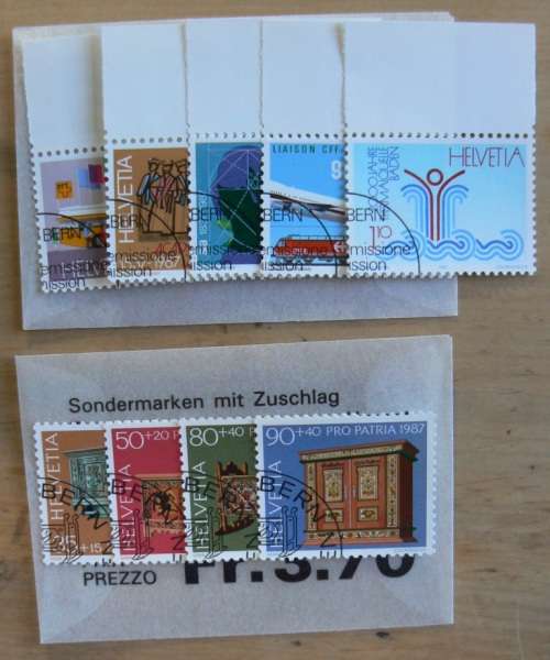 Switzerland 1987 lot of 40 officially cancelled stamps + 1 pair + block of 4, CV$60+