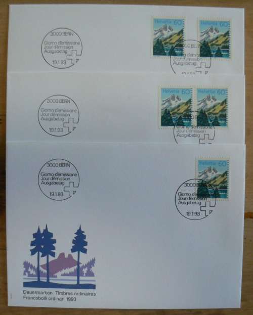 Switzerland 1993 Mountains lot of 3 FDCs, including high-value pair & 2 singles