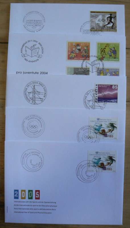 Switzerland 2004 lot of 31 officially cancelled stamps + blocks & sheets + 24 FDCs + 7 cards