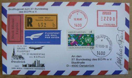 1983 United Nations Registered airmail Express cover to Osnabrück, machine cancel + signed by pilot