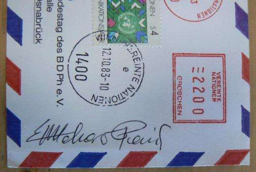 1983 United Nations Registered airmail Express cover to Osnabrück, machine cancel + signed by pilot