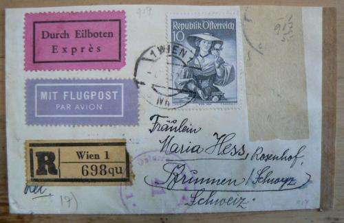 1950 Austria cover to Switzerland - express, airmail, registered, with 10s stamp