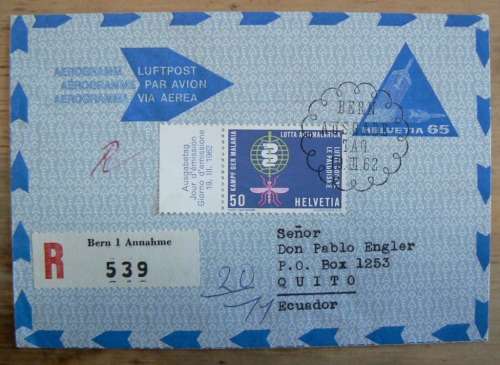 1962 Switzerland registered pre-stamped aerogramme to Ecuador - with extra stamp