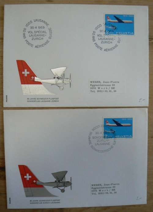 1969 Switzerland 50 years of airmail - 2 covers