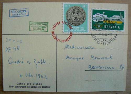 1962 Switzerland commemorative postcard with special of Aerodrome Delemont & Porrentruy stamps